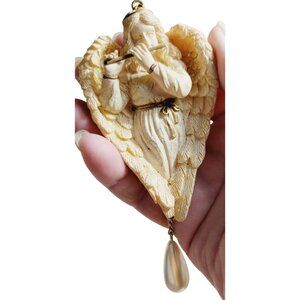 Vintage Christmas Angel Ornament Resin with White Faux Pearl Cord Hanger